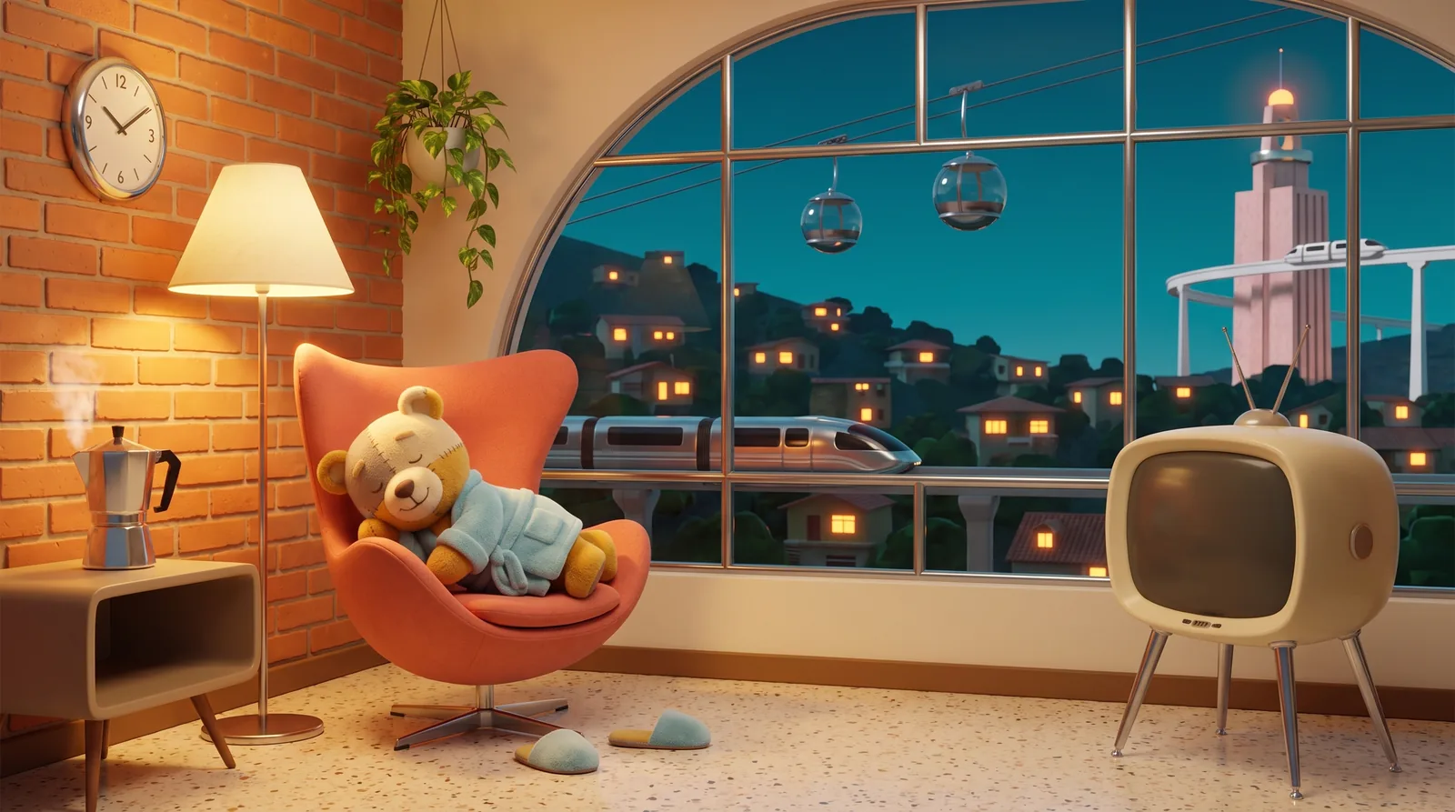 La sala de noche, con el oso dormido en la silla